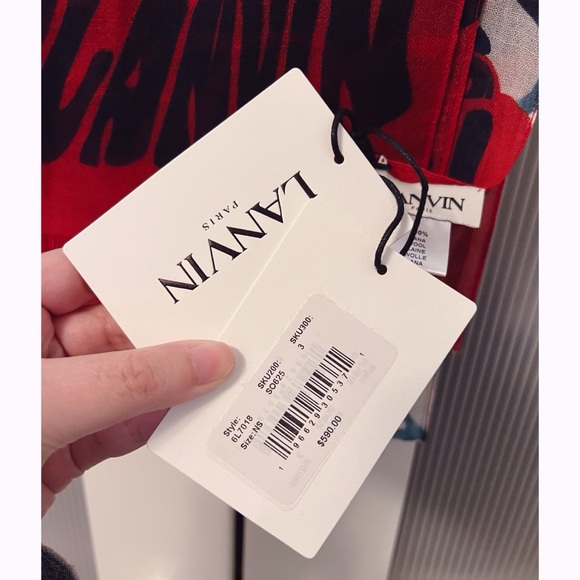 NWT Lanvin 100% Wool Logo Print Scarf Palm Trees Tropical Blue Red - Picture 8 of 12